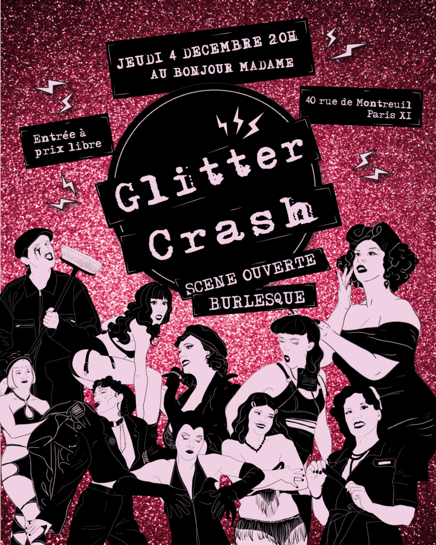 Affiche Glitter Crash cabaret burlesque, scène ouverte à Paris, 4 décembre 2025, fond rose pailleté, illustration artistes et infos pratiques.