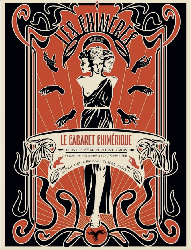 Affiche artistique du Cabaret Chimérique avec visuels sombres, créatures burlesques et ambiance mystérieuse.