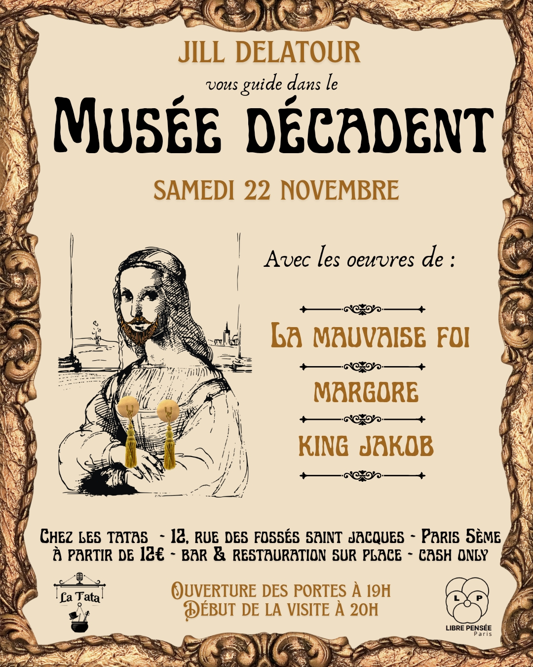 Affiche du spectacle Musée Décadent à Paris – une visite cabaret guidée par Jill Delatour mêlant art, burlesque et drag