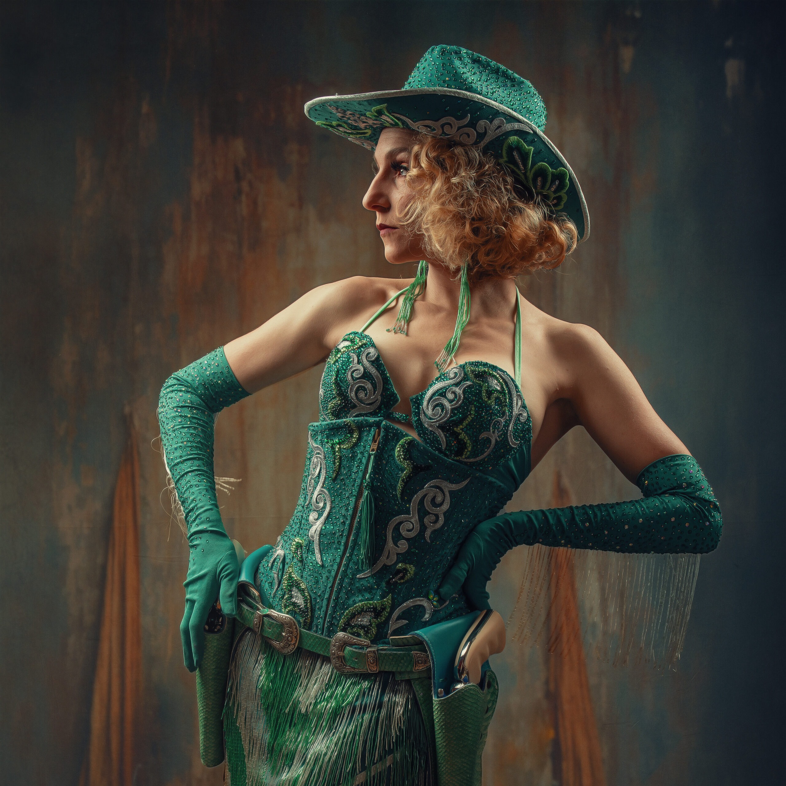 Artiste burlesque Coco Charnelle en cow-girl glamour, corset vert orné de motifs, chapeau assorti et gants longs, photographiée par Olivier Charlet