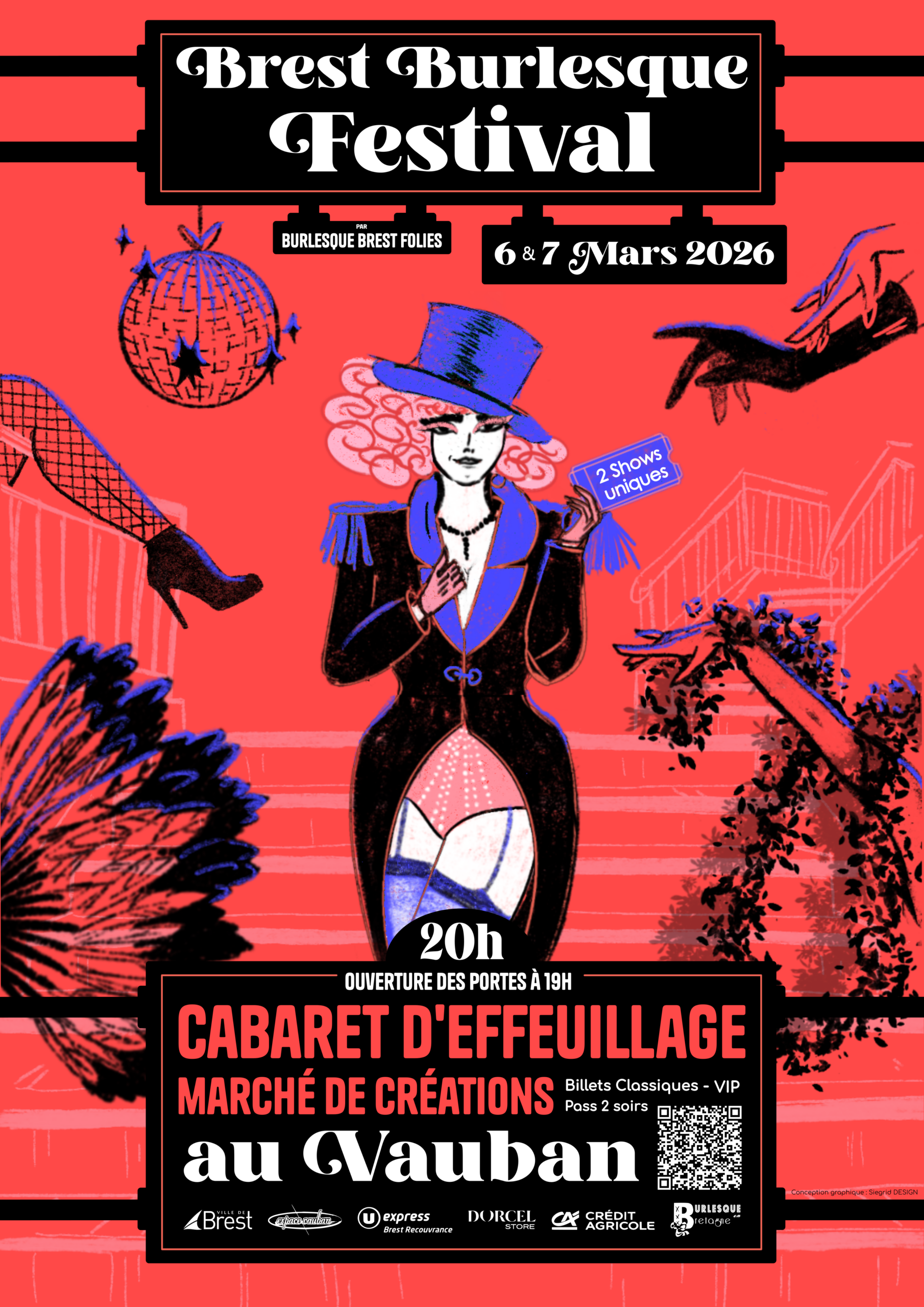 Affiche illustrée du Brest Burlesque Festival 2026 au Vauban, annonçant deux soirées de cabaret d’effeuillage et un marché de créateurs les 6 et 7 mars 2026.