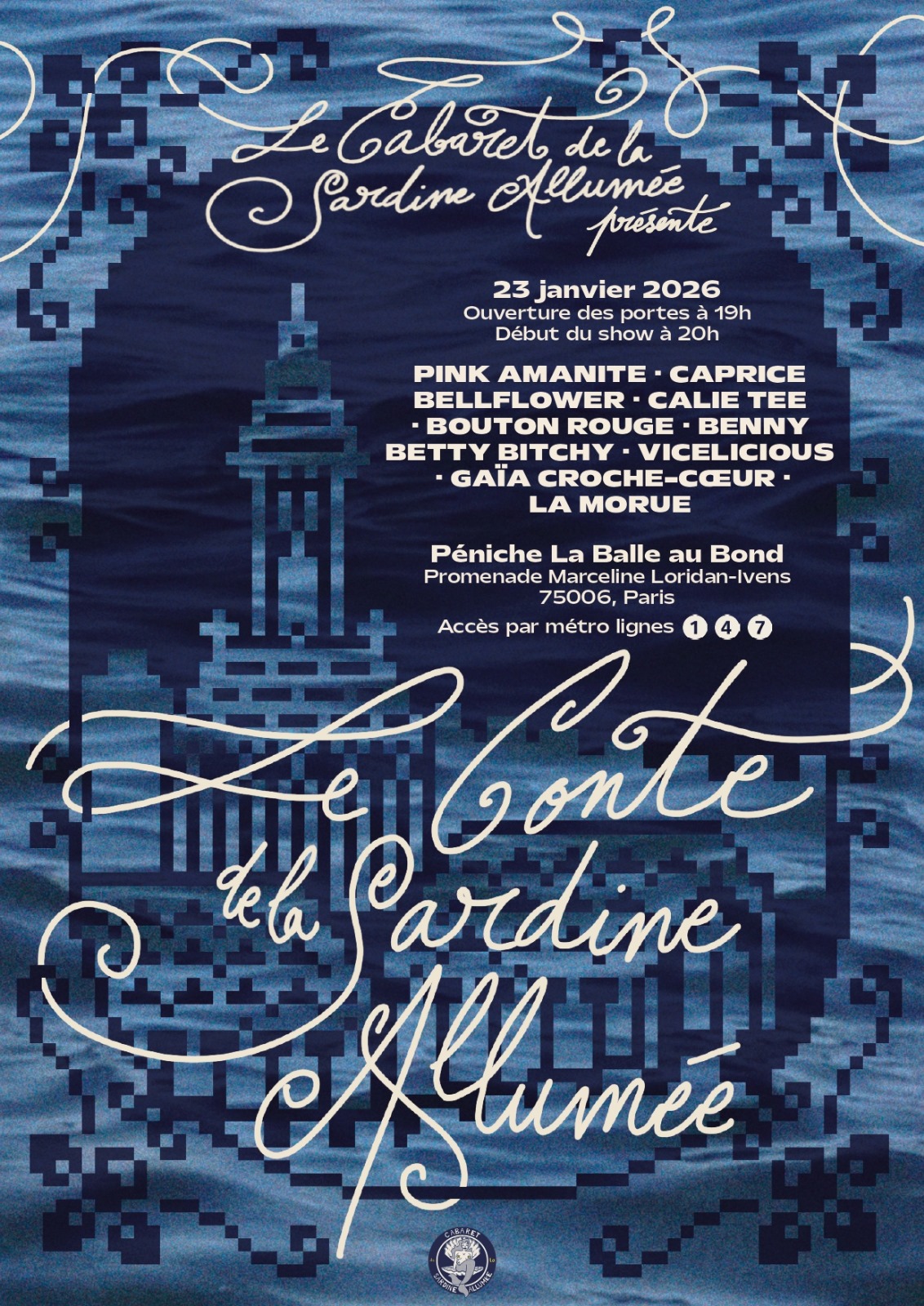 Affiche du spectacle "Le Conte de la Sardine Allumée" cabaret burlesque à Paris le 23 janvier 2026.