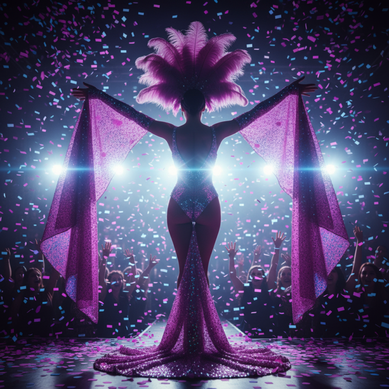 Artiste burlesque de dos en body pailleté sur scène, sous des projecteurs violets, roses et bleus.