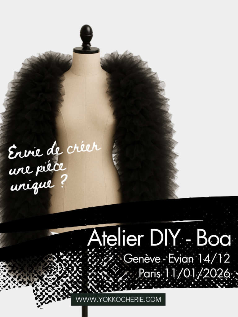Affiche de l’atelier DIY Boa animé par Yokko Chéri à Paris le 11 janvier 2026, avec mannequin portant un grand boa noir en tulle.