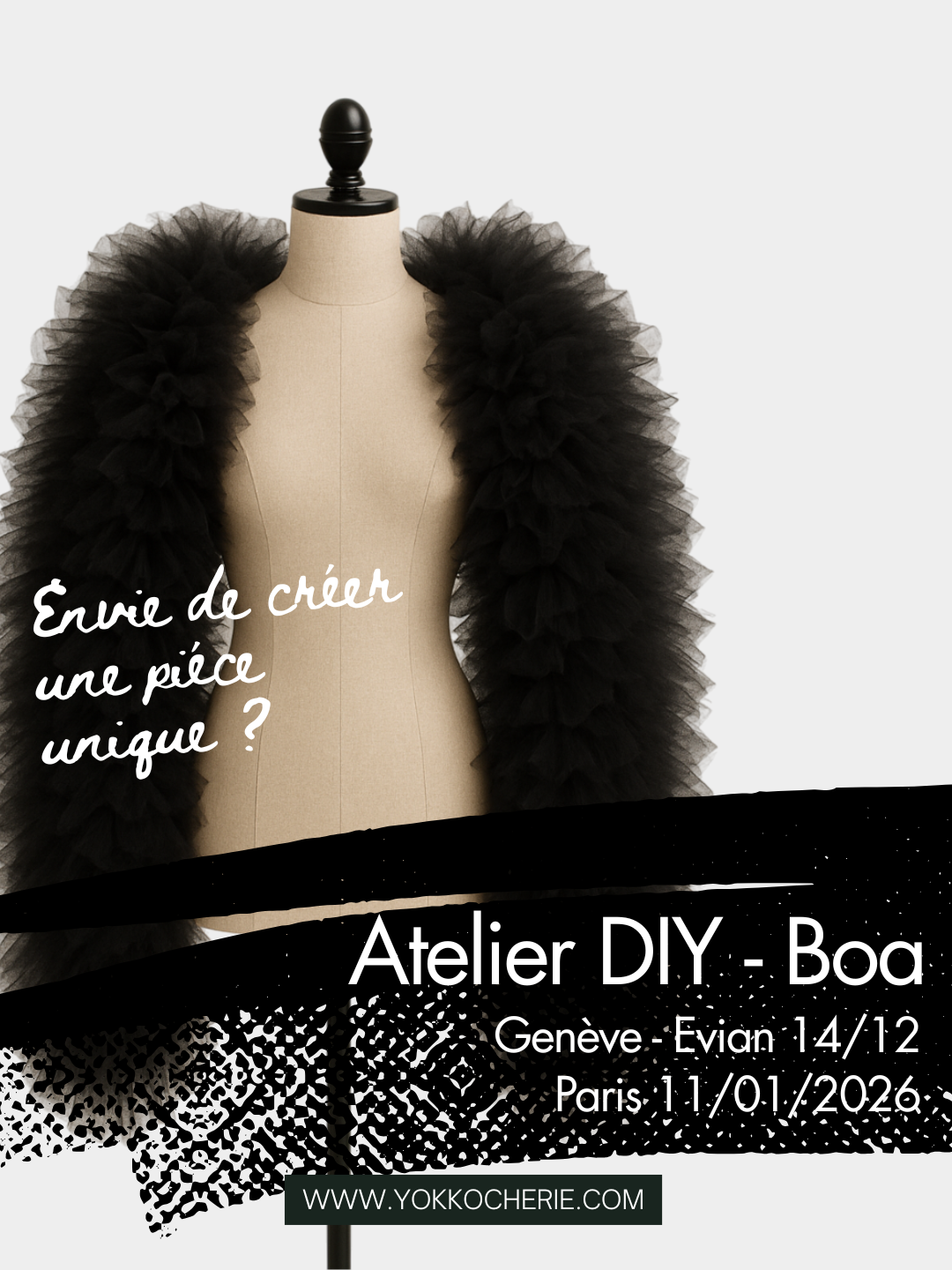 Affiche de l’atelier DIY Boa animé par Yokko Chéri à Paris le 11 janvier 2026, avec mannequin portant un grand boa noir en tulle.