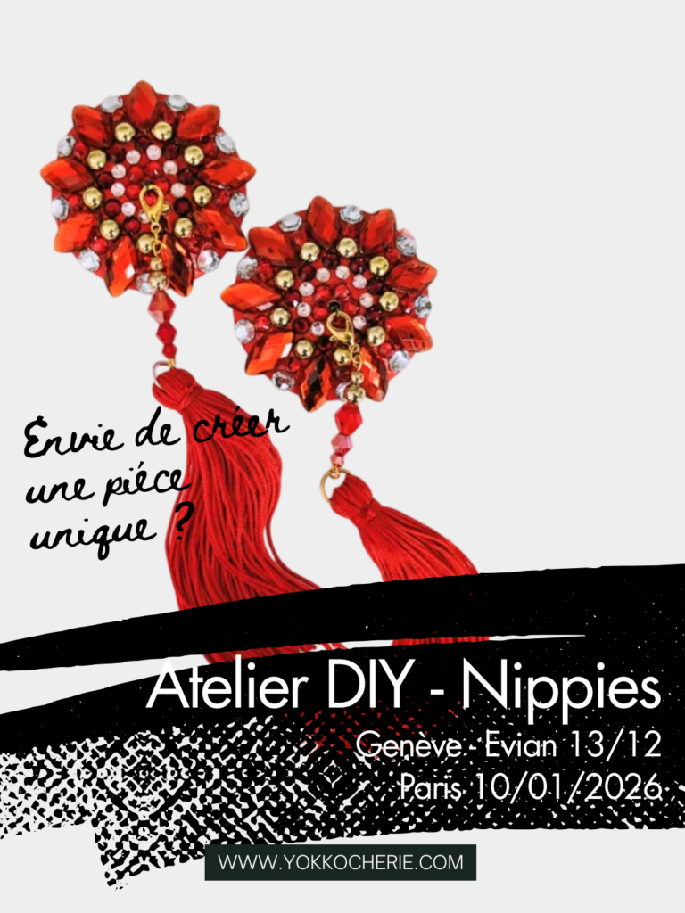 Affiche de l’atelier DIY nippies de Yokko Chérie à Paris le 10 janvier 2026, présentant une paire de nippies rouges à strass et tassels sur fond blanc.