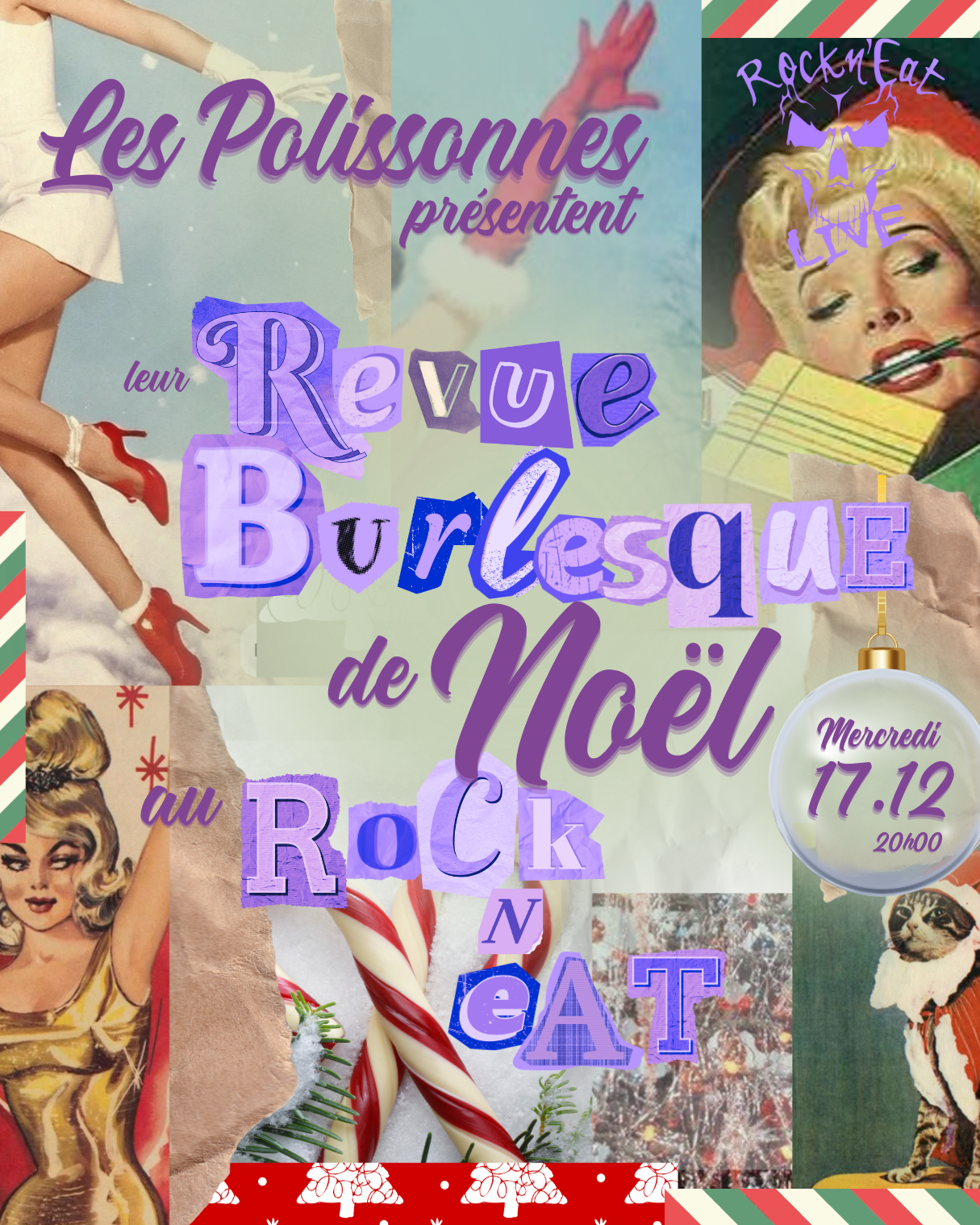 Affiche colorée de la revue burlesque de Noël « L’Étincelante Revue Burlesque de Noël » des Polissonnes, au Rock n’Eat à Lyon le 17 décembre 2025.