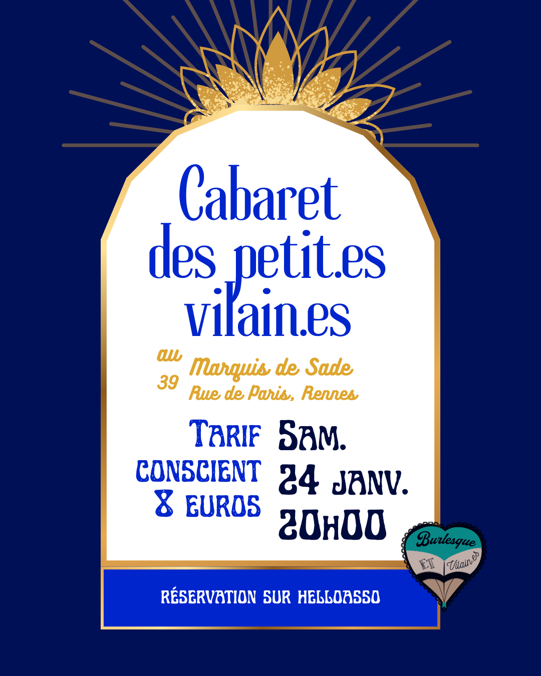 Affiche Cabaret des Petit.es Vilain.es au Marquis de Sade 39 rue de Paris Rennes, samedi 24 janvier 20h00 tarif 8€ réservation Helloasso.