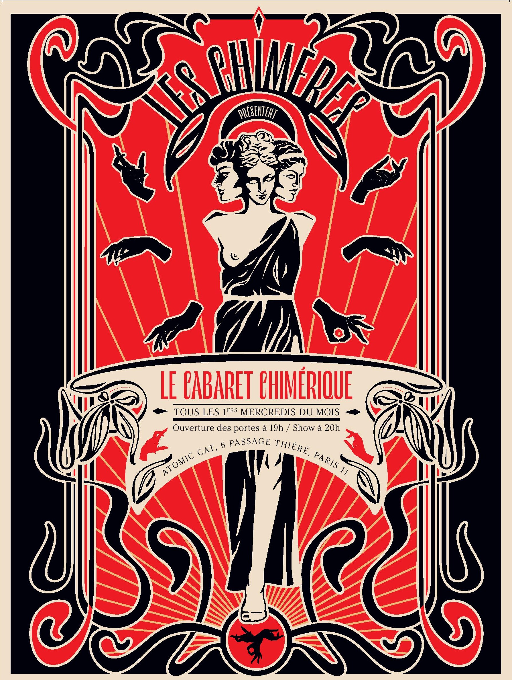 Affiche Cabaret Chimérique 4 février, visuels fantastiques créatures mythiques, typographie élégante soirée burlesque immersive.