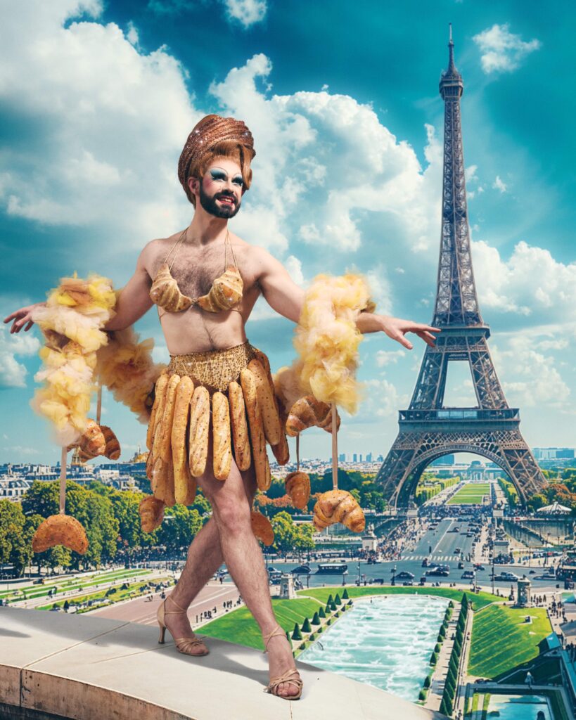 Chantaaal drag burlesque croissants baguette pain jupe Eiffel tour Paris ciel bleu Jean Ranobrac
