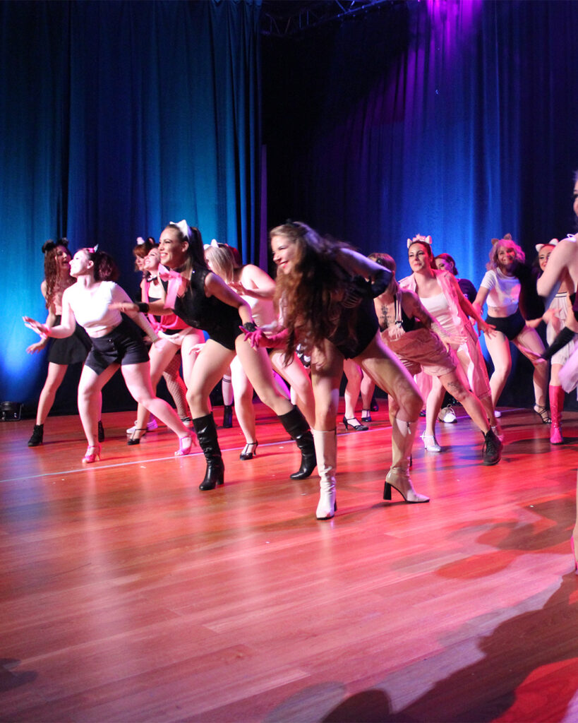 Troupe Boardwalk Factory école burlesque danse collective costumes chat gogo scène éclairage bleu rose