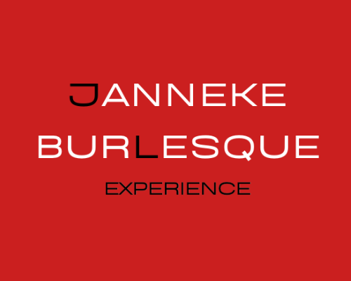 Logo rouge Janneke Burlesque Experience, typographie blanche et noire minimaliste.