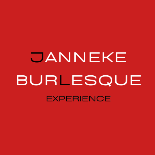 Logo rouge Janneke Burlesque Experience, typographie blanche et noire minimaliste.