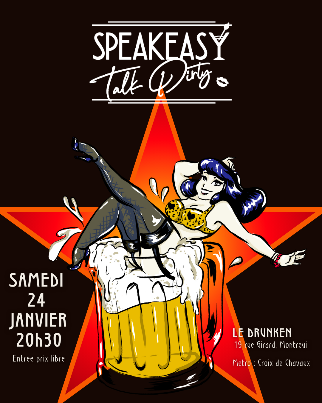 Affiche Speakeasy Talk Dirty, pin-up bleue léopard bière mousse jambes hautes, 24 janvier 20h30 Le Drunken Montreuil, entrée libre.