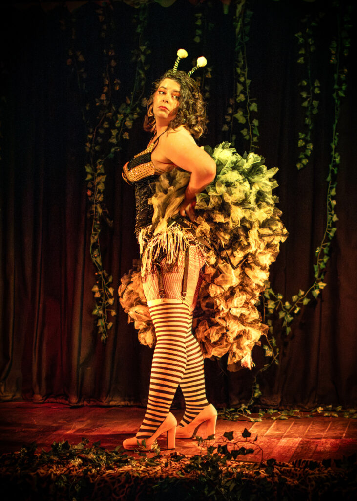 Portrait Lulu Toute Crue artiste burlesque ronde costume abeille antennes scène cabaret rideaux verts par Alexis Troncy