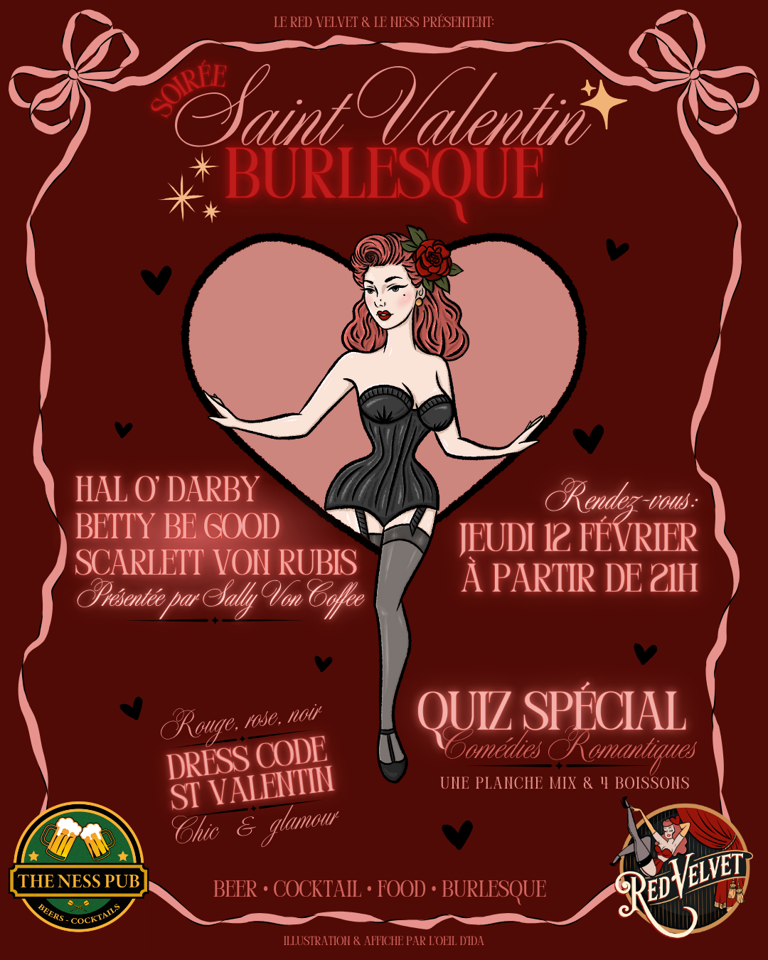 Soirée Saint-Valentin Burlesque – Spectacle Red Velvet Show au Ness Pub Clermont-Ferrand