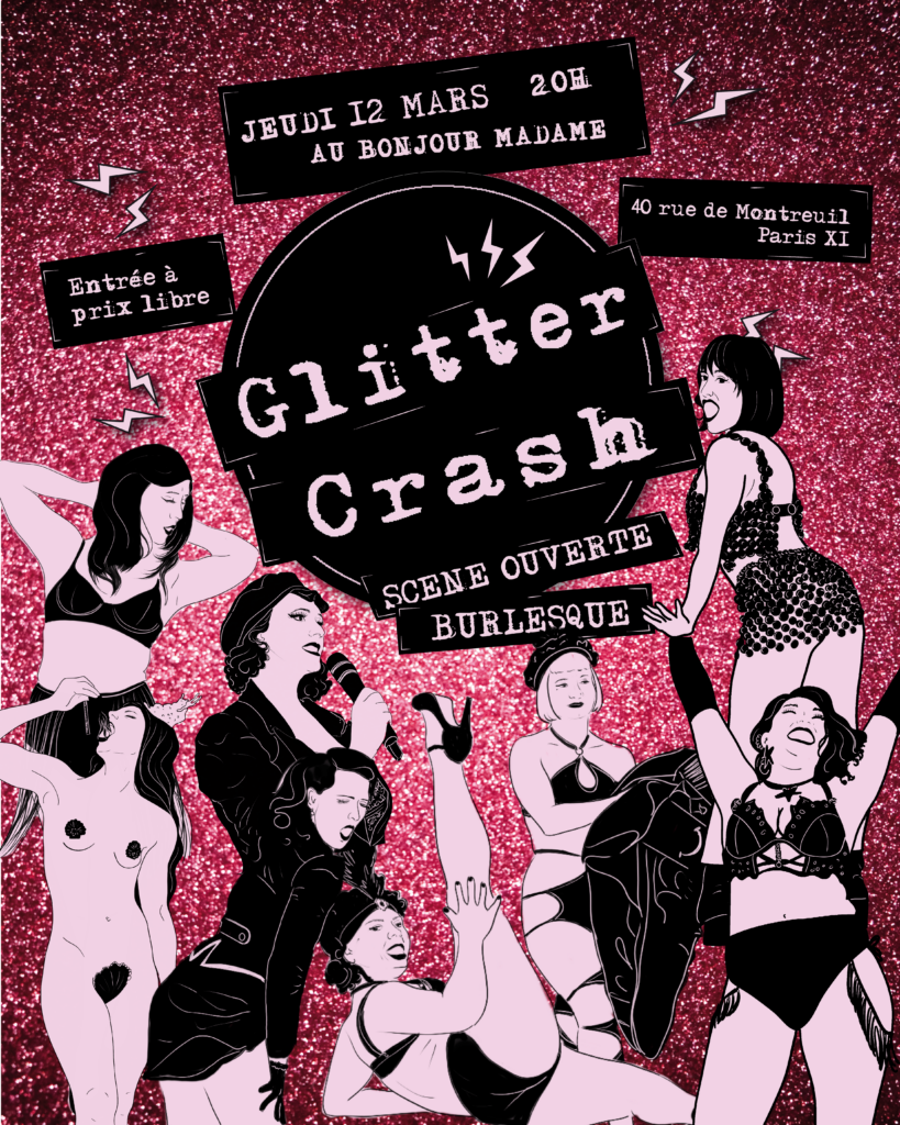 Affiche de l'événement Glitter Crash au bar Bonjour Madame Paris avec Mahia O'Mallia et Léo Poldine. Style pailleté et festif pour un cabaret burlesque et queer le 12 mars.
