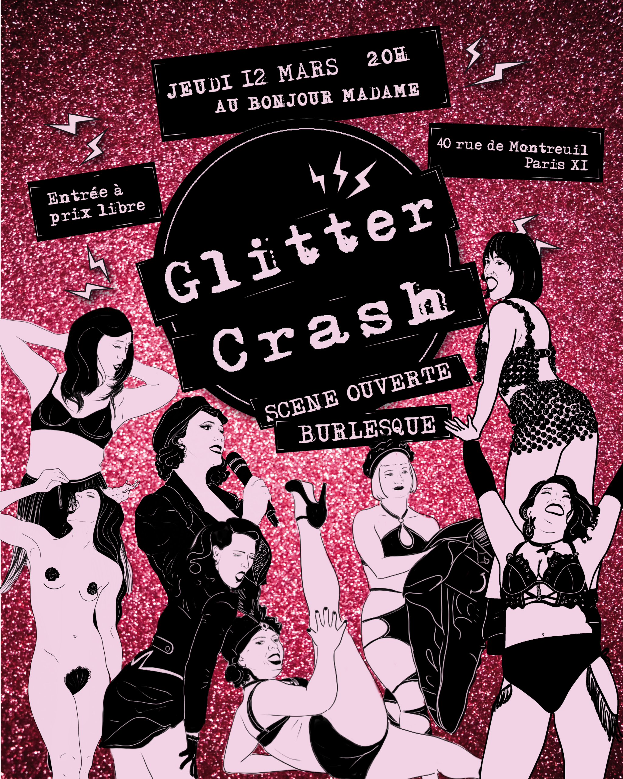 Affiche de l'événement Glitter Crash au bar Bonjour Madame Paris avec Mahia O'Mallia et Léo Poldine. Style pailleté et festif pour un cabaret burlesque et queer le 12 mars.