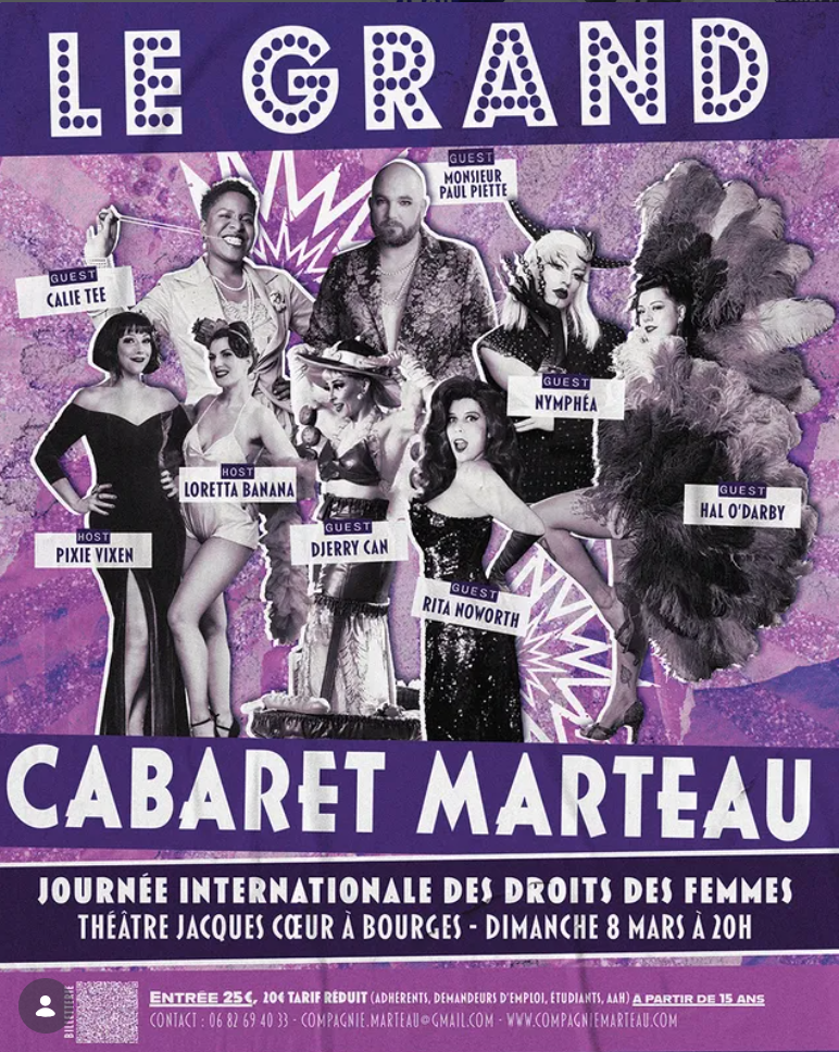 Affiche du spectacle Le Grand Cabaret Marteau 3ème édition au Théâtre Jacques Cœur de Bourges pour la Journée Internationale des Droits des Femmes, avec les artistes effeuilleuses et burlesques.